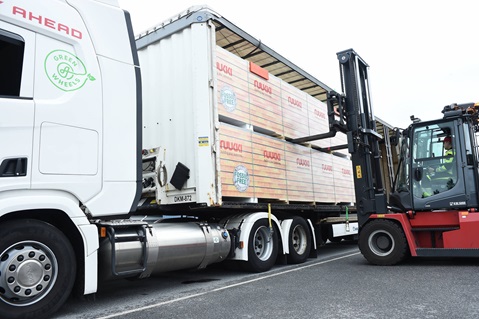 Ruukki loading the first Fossil-free steel wall elements with an electric truck